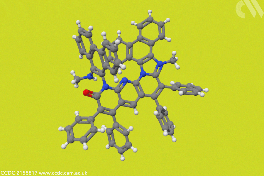 3D gif showing model of molecule spinning horizontally