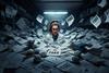 AI generated image of scientist drowning in a sea of fake papers