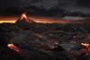 An image showing a bleak, lifeless landscape of fiery lava fields under a darkly clouded sky. There's a volcano spewing lava and ashes in the background