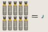 10 gas cylinders and 1 inhaler