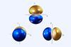 An image showing three round shapes, each looking like two Skittles - one blue, one gold - sitting right next to each other