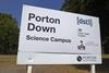 A road sign for Porton Down Science Campus which also includes DSTL, Public Health England, Porton Science Park and Porton Biopharma