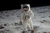 Astronaut Buzz Aldrin walking on the surface of the moon during the Apollo 11 mission