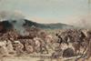 An image showing a painting of the battle as imagined by a 19th century Italian painter. It shows a number of people running away from and cowering as soldiers on horseback approach.