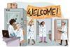 Group of people in a lab with a welcome sign above the door