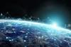 3D rendered glowing dots connected by lines, superimposed on a picture of Earth from space