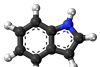 Ball-and-stick model of the indole molecule, a nitrogen heterocycle and a simple aromatic ring.