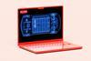 Red laptop with an X-ray of a car battery on the screen and the live button