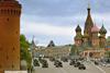 A military parade passes St Basil's cathedral, Red Square, Moscow