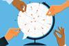 People sticking location pins in speech bubble globe