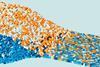 Two data streams represented by small cubes combine into a single seamless stream