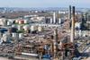 An aerial view of an aging oil refinery