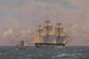 An old oil painting of large old sailing ship on a windy sea with two other smaller ships