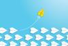 A yellow paper plane flies away from a formation of white ones