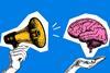 Trendy art collage of sketch hands with megaphone and brain. Communication, marketing, job search, employment agency concept. Retro hand drawn vector illustration.