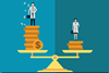 A cartoon of a man and a woman both wearing lab coats on a balanced set of scales. They are both standing on piles of coins but the man's pile is a lot higher.