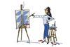 An image showing a woman dressed in French style clothing and painting a Bunsen burner on a canvas