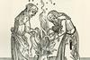 Two witches brewing a spell in a cauldron