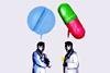 An illustration showing two people wearing lab coats, talking; speech bubbles are rendered as medicine pills