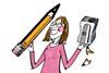 Woman with oversized pencil and sharpener