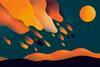 Surreal abstract illustration of blazing meteor-like shapes raining from a glowing orange sky over dark hills