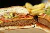 A Beyond Burger, a vegan veggie burger, is seen at the Vedang fast food restaurant
