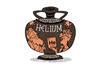 Ancient looking urn with the word Helium on it and a character offering a helium periodic table tile to another character