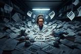 AI generated image of scientist drowning in a sea of fake papers
