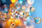 3D illustration of a molecule made up of clear spheres on an out of focus blue and yellow background