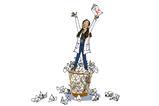 Woman on top of bin with crumpled paper