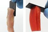 Photos showing raw meat and a slice of tomato stuck to a thin dark material