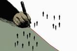 Hand drawing red dividing line separating groups of people