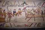 Bayeux medieval tapestry featuring embrodered scenes of battle