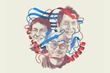 Portraits of David Baker, Demis Hassabis and John Jumper surrounded by red and blue protein alpha-helices and beta-sheets