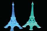 Two models of the Eiffel Tower int he dark one is luminescent blue and the other is luminescent green