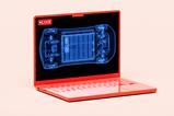 Red laptop with an X-ray of a car battery on the screen and the live button