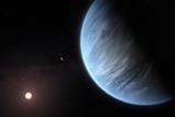 Illustration of exoplanet K2-18b from space showing a cloudy surface and its reddish star in the distance