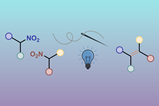 Illustration showing two nitroalkane reagents on the left, with a sewing needle and thread and light bulb in the centre, and an alkene product on the right