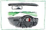 A cartoon view of driving a car with a smoking volcano in the rear view mirror