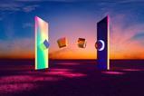 Digital generated image of transformation of shape from cubic to sphere while moving from one portal to another