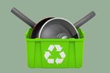 Frying pans in recycling crate