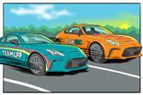 Two racing cars a comicbook style. One is racing for Team LFP and the other is for Team NMC