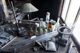 Looking down on a historical wooden biology bench at Cape Evans