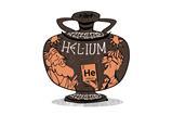 Ancient looking urn with the word Helium on it and a character offering a helium periodic table tile to another character