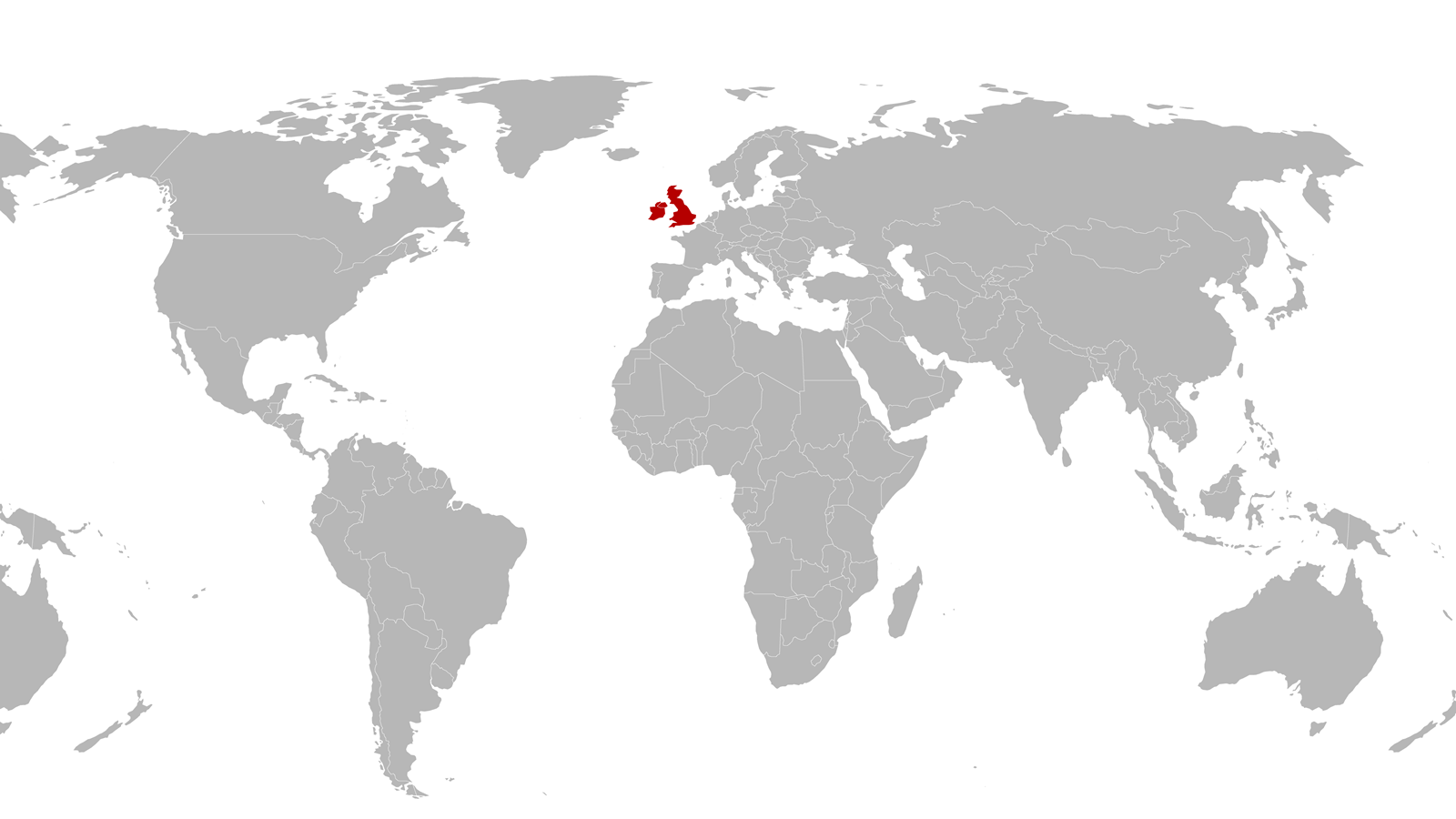 World map with centred UK and Ireland highlighted