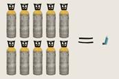 10 gas cylinders and 1 inhaler