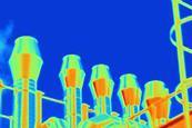 A thermogram showing hot industrial smoke stacks