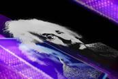 A white hologram-type photo of Albert Einstein sitting between to sets of purple lights