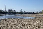 Low water levels in the Rhine river, with Evonik chemical plant in the background