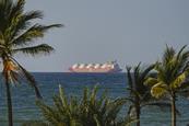 A tanker ship on the Strait of Hormuz in the ocean as seen from the shore where there are palm trees